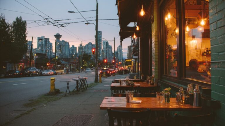 Evening view of a Vancouver street with outdoor restaurant seating, glowing lights, and city skyline in the background