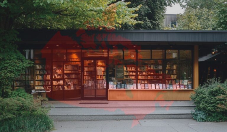 Charming bookstore in Vancouver surrounded by trees, viewed from the front with books on display in the window