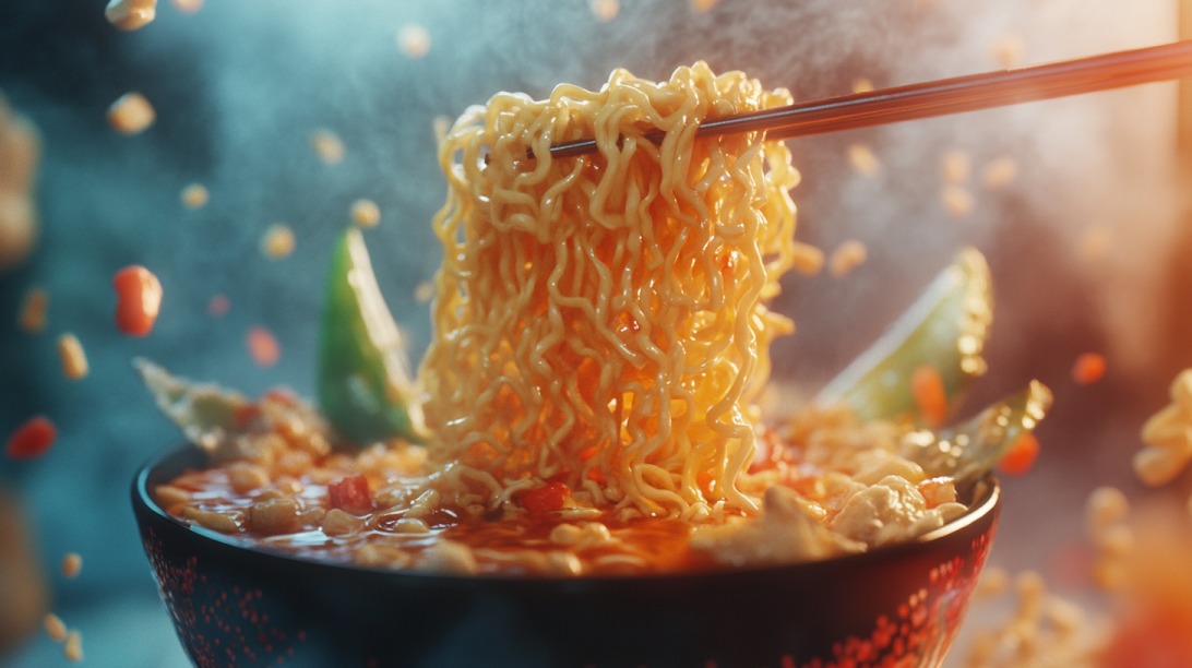 A dramatic close-up of steaming hot ramen noodles being lifted with chopsticks, set above a bowl filled with rich broth, vegetables, and toppings, surrounded by floating ingredients