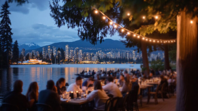 People dining at outdoor lakeside restaurant with city skyline in background