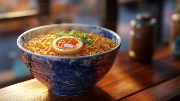 A steaming bowl of ramen with noodles, a soft-boiled egg, green onions, and rich broth, served in a decorative blue and white bowl on a wooden table