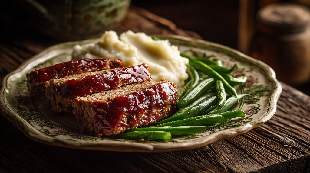 Classic retro comfort food featuring glazed meatloaf, mashed potatoes, and green beans on a vintage floral plate