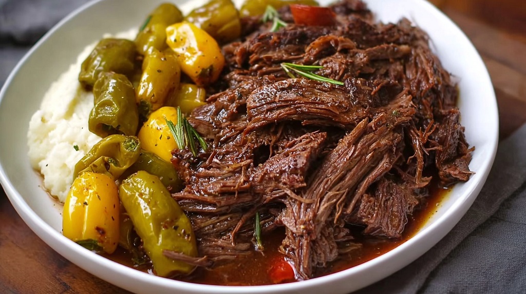 Mississippi pot roast with pepperoncini, potatoes, and mashed potatoes