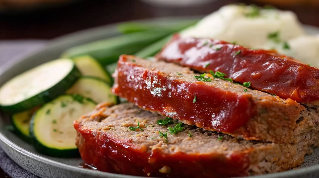 Classic meatloaf with tomato glaze, served with mashed potatoes, zucchini, and green beans, retro comfort foods at their finest