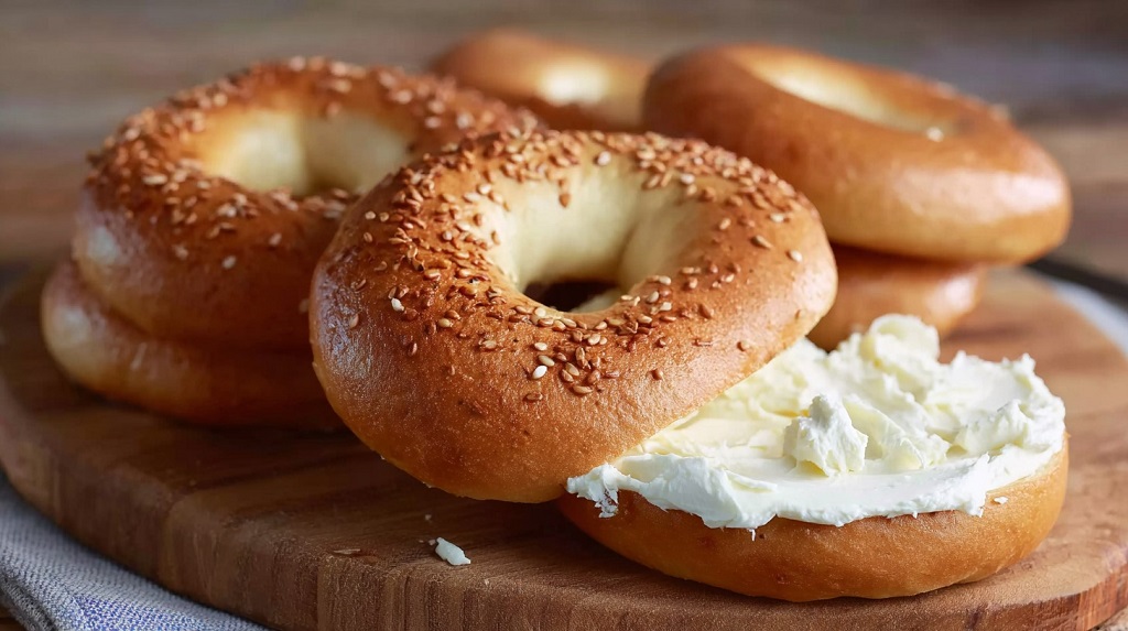 Sesame seed bagels, one topped with a generous spread of cream cheese