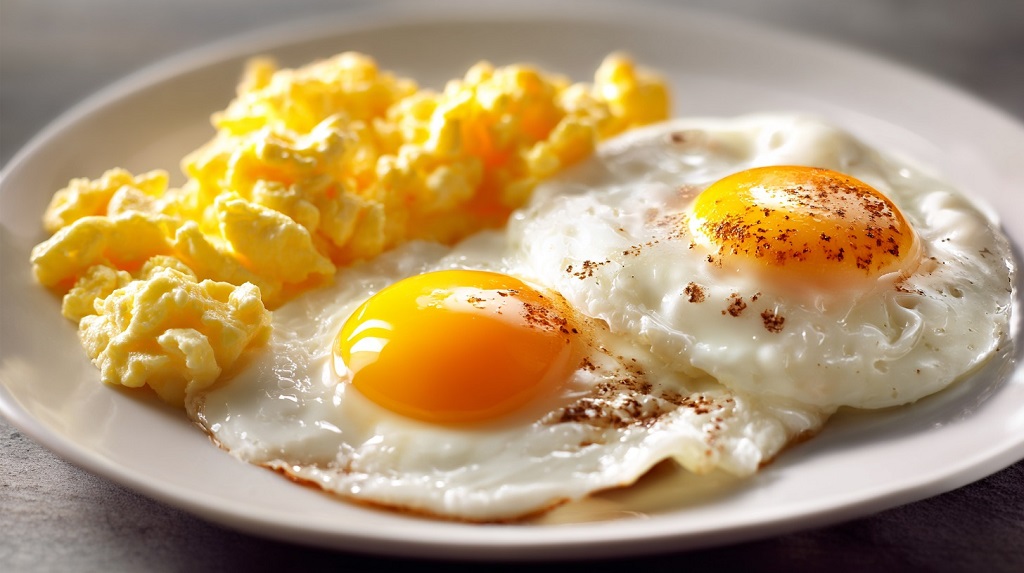 Fried eggs and scrambled eggs on a white plate, a duo of dishes with eggs