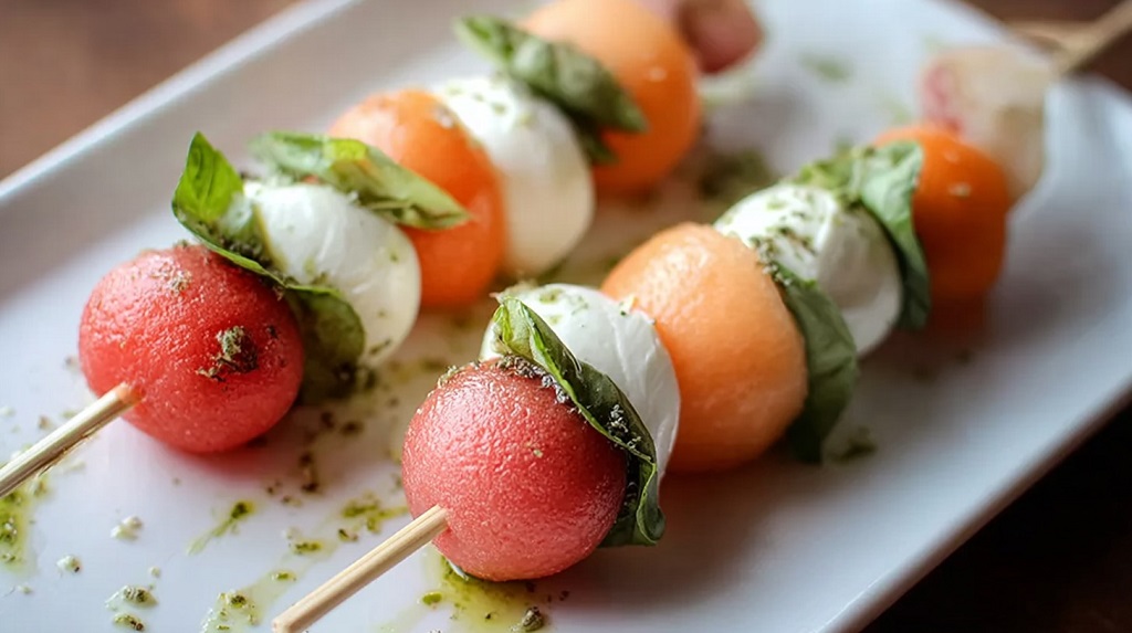 Skewers with melon balls, mozzarella, and fresh basil drizzled with pesto
