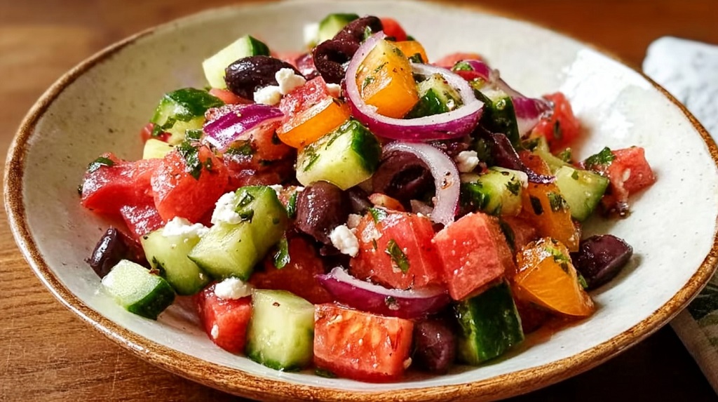 Colorful salad with watermelon, cucumber, tomatoes, red onion, olives, and feta - a true no-cook meal essential