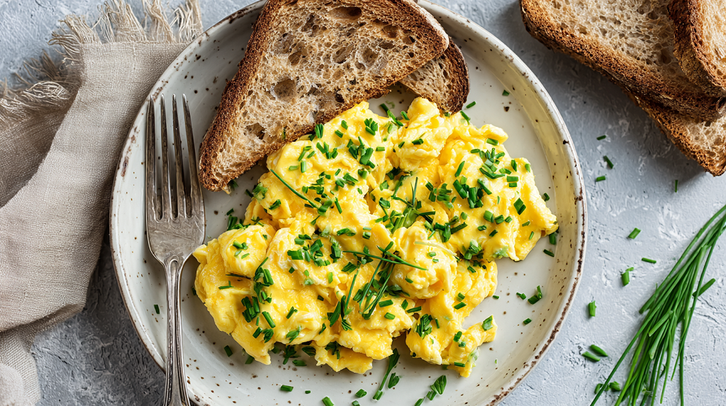 Scrambled eggs with chives and toast, one of the simplest and tastiest dishes with eggs