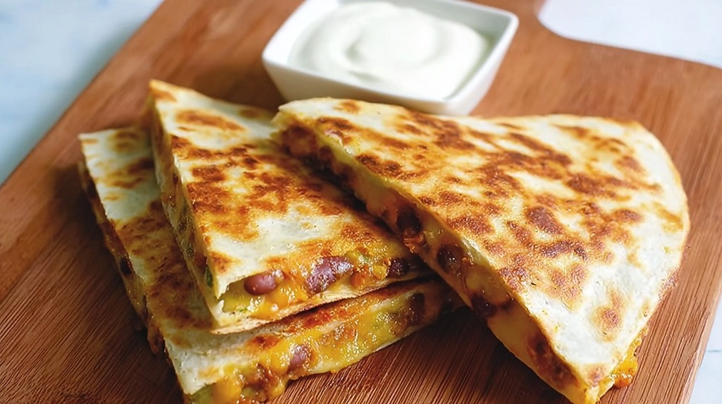 Sliced quesadilla filled with melted cheese and beans, served with sour cream