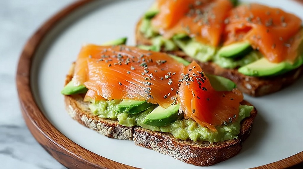 Smoked salmon and avocado slices on toasted bread, topped with chia seeds, ideal for quick no-cook meals