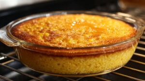 A golden-brown corn pudding baking in a glass dish inside the oven