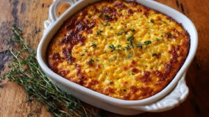 A golden-brown baked corn pudding topped with fresh herbs in a white casserole dish