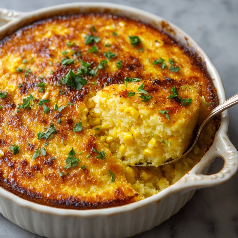 A baked dish of golden corn pudding with fresh herbs on top, with a spoon scooping out a fluffy serving