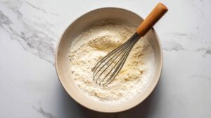 A mixing bowl with flour and cornmeal whisked together, with a wooden-handled whisk resting inside