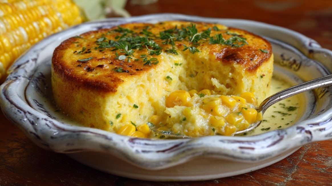 A creamy serving of corn pudding on a plate, with a spoon showing kernels in a rich custard base, garnished with herbs