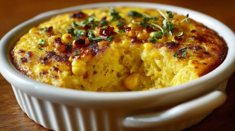 A baked corn pudding in a white dish with a slice removed, showing its creamy custard-like inside and topped with herbs
