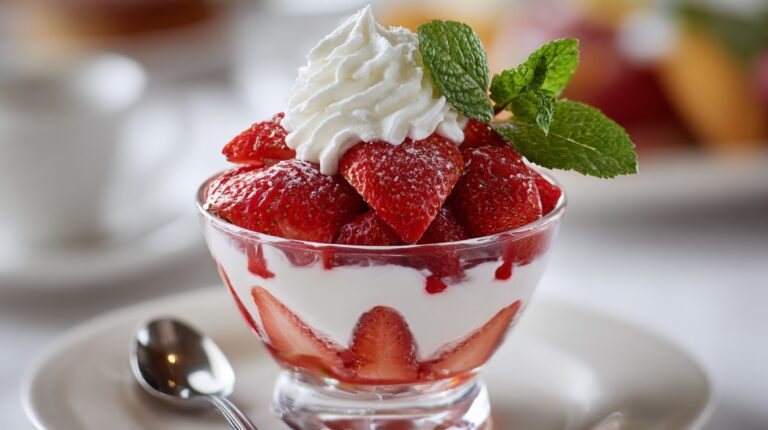 Glass cup of fresas con crema topped with whipped cream, strawberries, and fresh mint