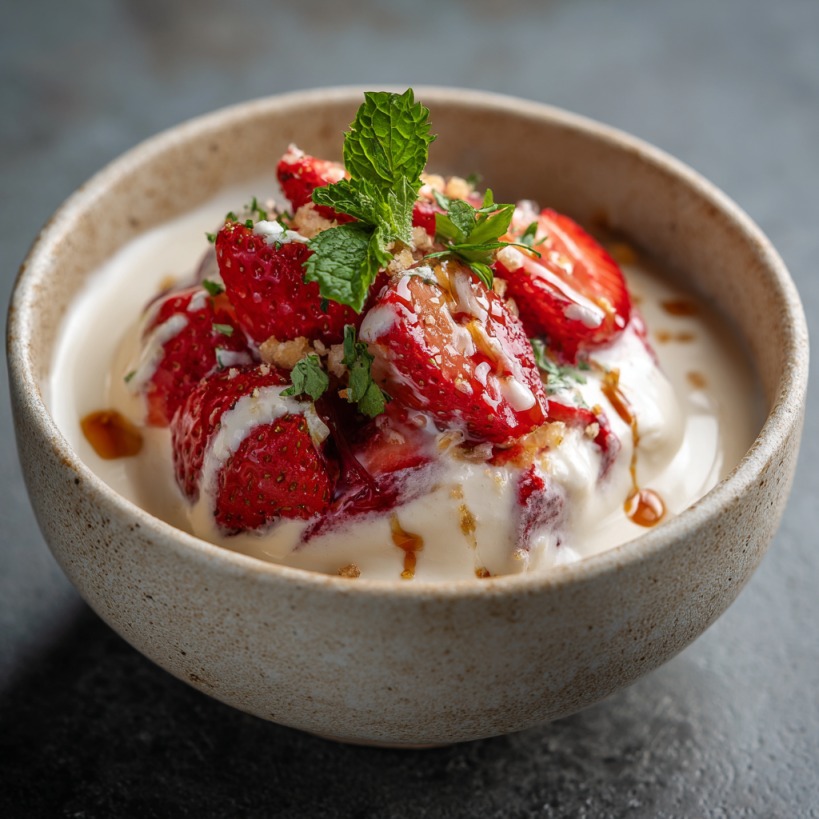 A bowl of fresas con crema topped with strawberries, cream, mint, and drizzle