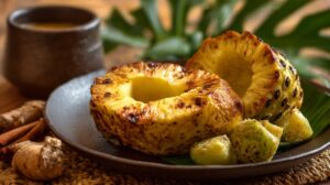 Close-up of peeled roasted breadfruit sliced into golden rings and chunks on a plate with tropical garnishes