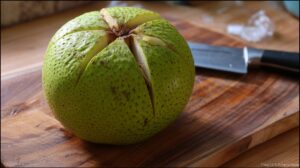 Close-up of a whole green breadfruit with deep cuts made into its surface, placed on a wooden cutting board beside a kitchen knife