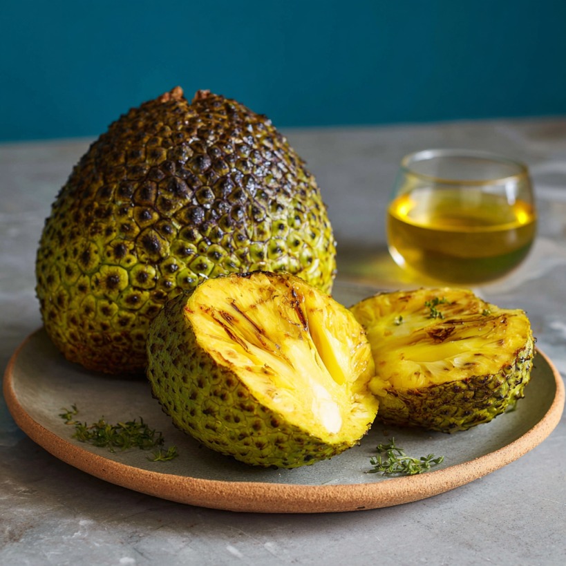 A whole roasted breadfruit and a halved portion on a plate, showing its golden, soft interior with charred edges, next to a glass of olive oil