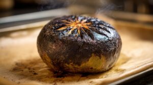 Close-up of a whole roasted breadfruit with blackened, charred skin and steam rising, resting on parchment paper