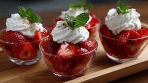 Glass dessert cups filled with strawberries, topped with whipped cream and mint leaves