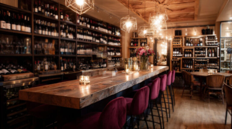 Elegant wine bar interior with a wooden bar counter, shelves full of wine bottles, and soft candlelight