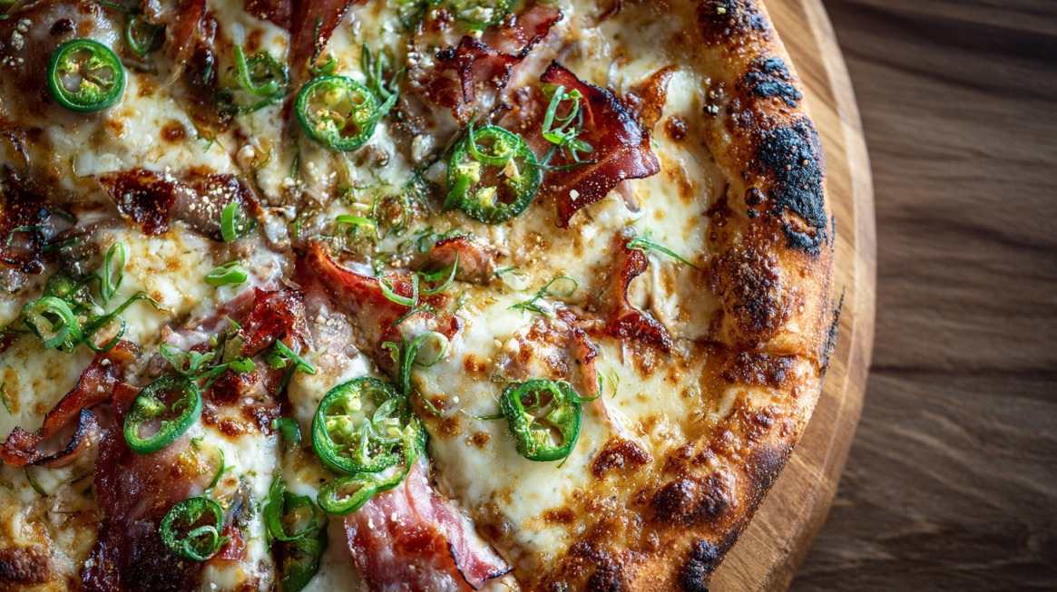 Close-up of a Brooklyn-style pizza topped with melted cheese, crispy bacon, and sliced green jalapeños