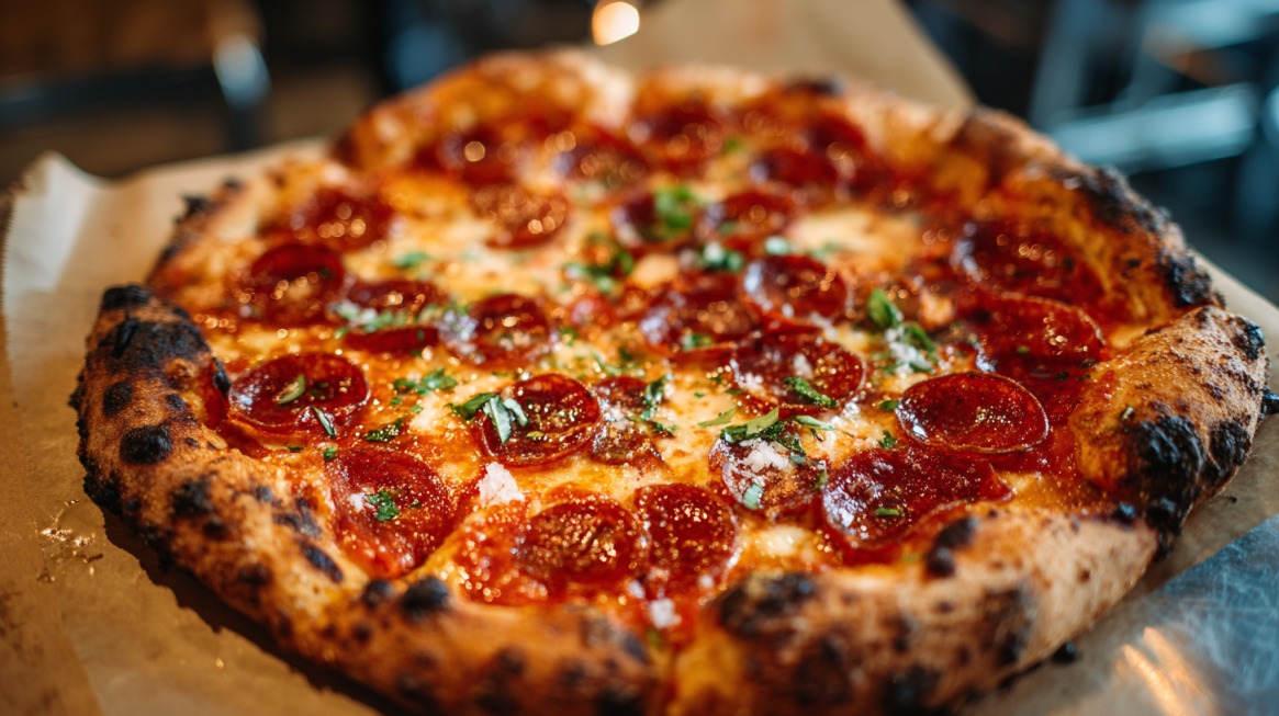 Close-up of a pepperoni pizza with fresh herbs and a golden, wood-fired crust