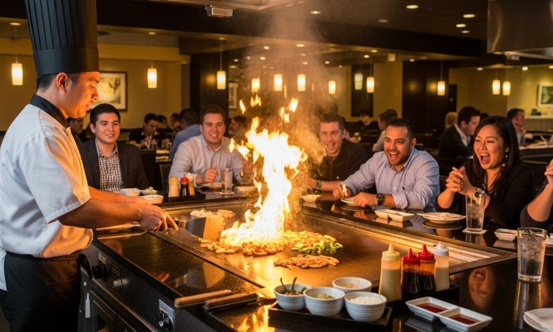 A group of people gathered around a table, enjoying food cooked on a grill with a fire