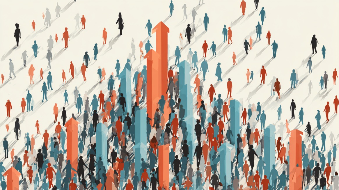 Illustrated crowd of people with upward arrows representing population increase