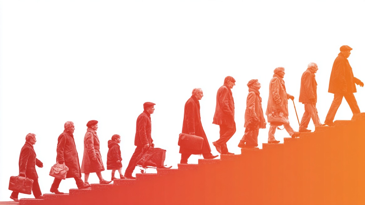People of different ages walking upward in a gradual progression