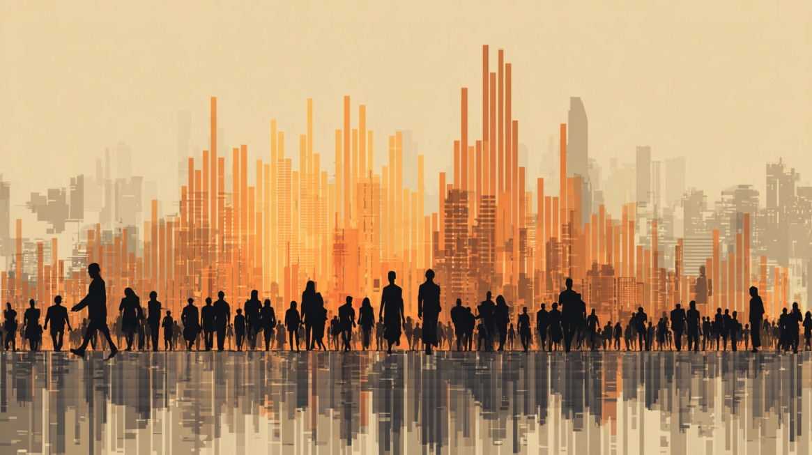 Silhouetted crowd in front of a city skyline with rising data bars