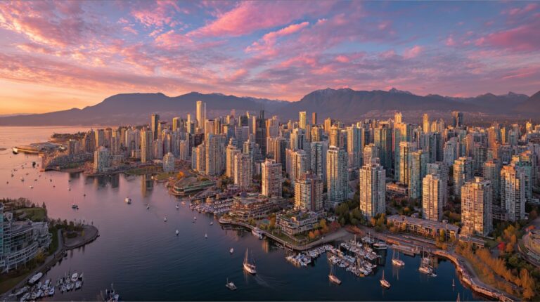 Aerial view of downtown Vancouver with water mountains and boats at sunset