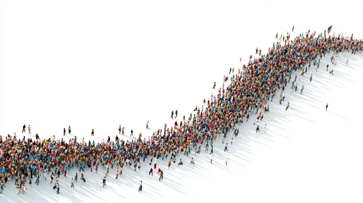 Large crowd of people moving together across a white background