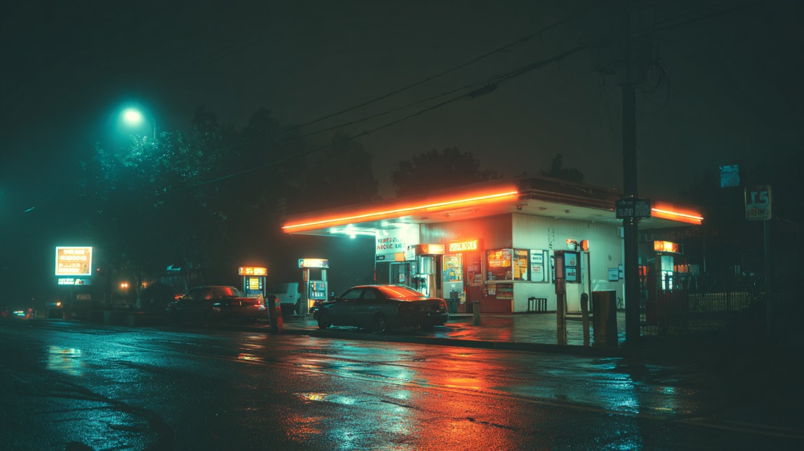 Dimly lit gas station at night with neon lights reflecting on wet pavement