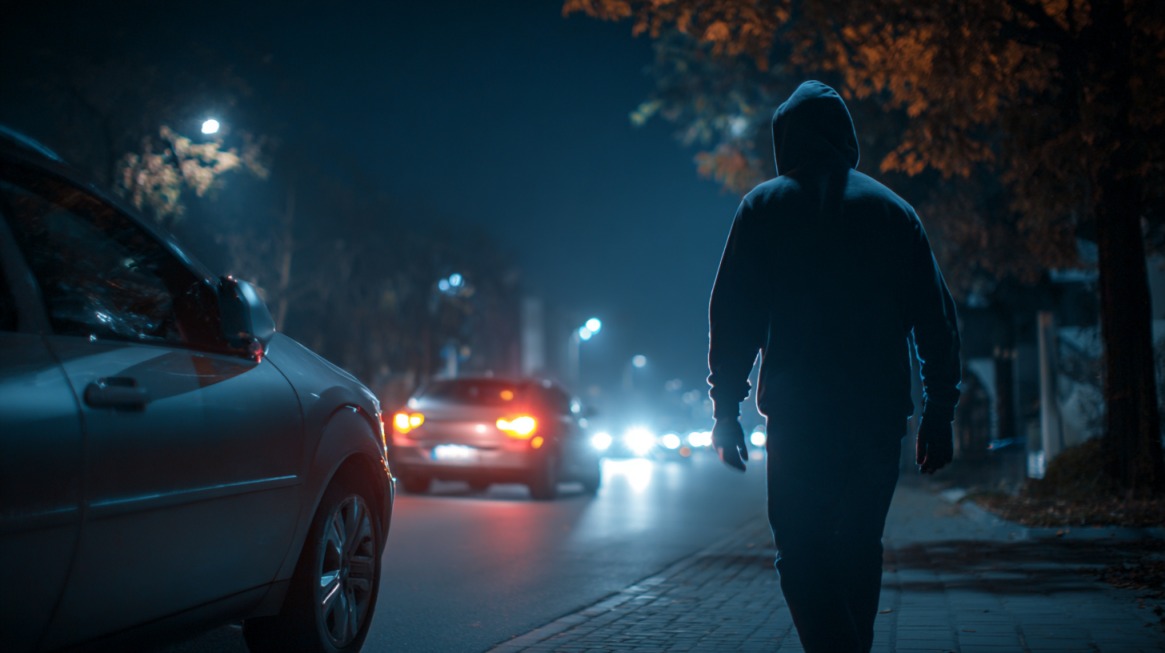 Person walking alone on a dimly lit street at night with passing cars