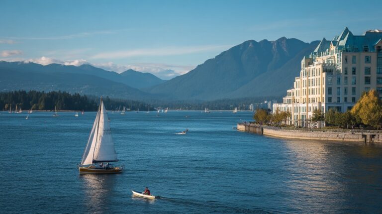 Sailboats on calm water with mountains and waterfront buildings in the background