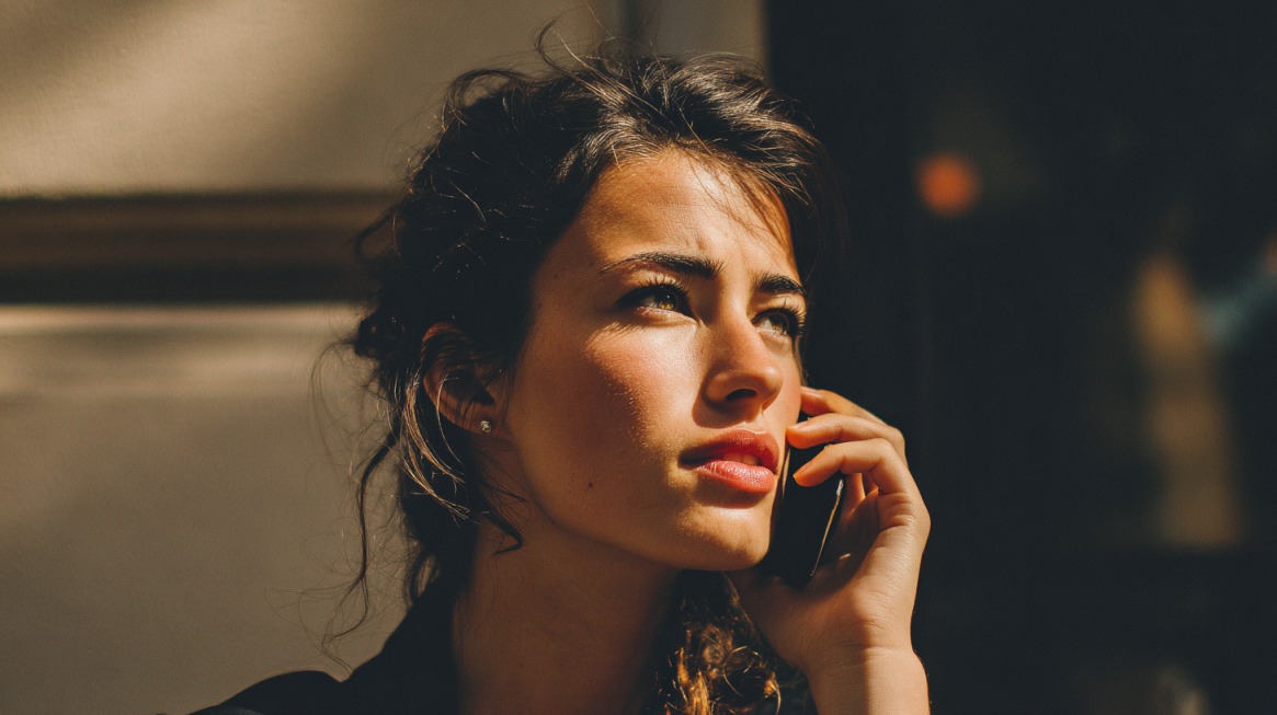 Woman holding a phone and looking alert in an urban setting
