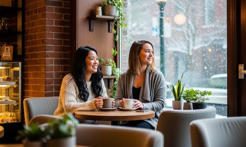 Two women sit at a cozy cafe table, smiling and holding mugs. Snow falls outside the window