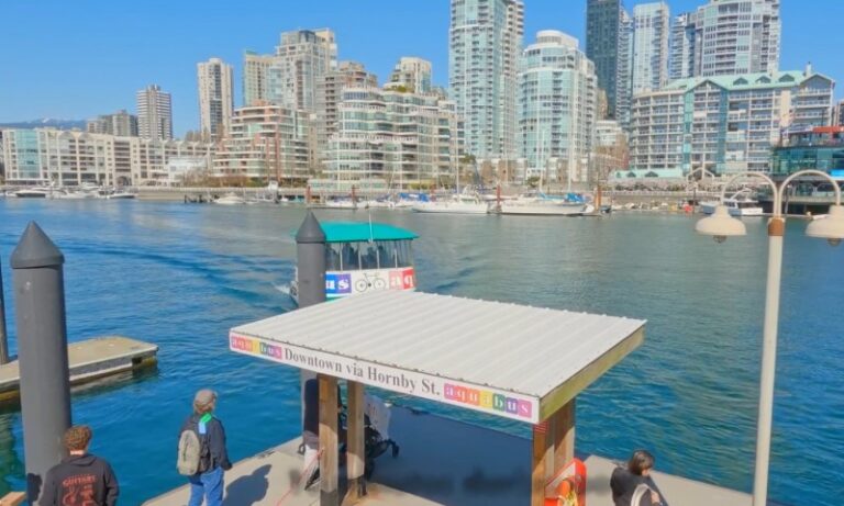 A vibrant waterfront scene shows a small ferry dock with people waiting. High-rise buildings line the background against a clear blue sky