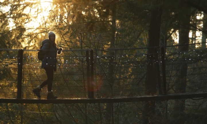 A person in a hoodie and backpack crosses a rope bridge at sunrise in a forest
