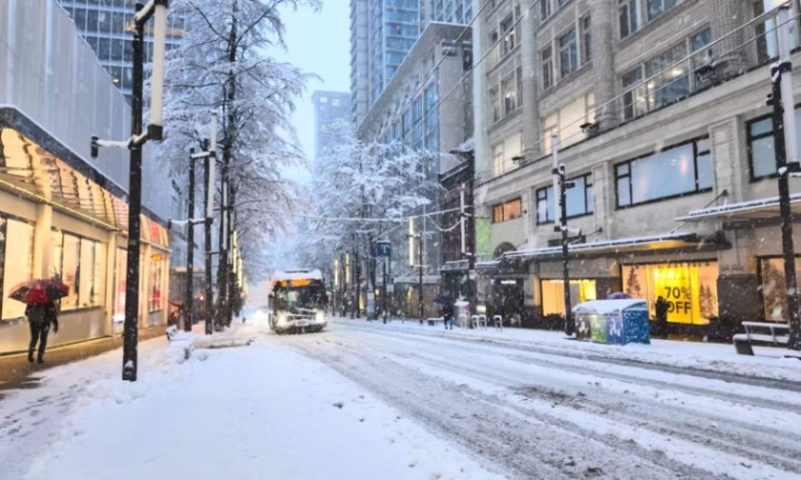City street blanketed in snow; snow-covered trees line the sidewalks